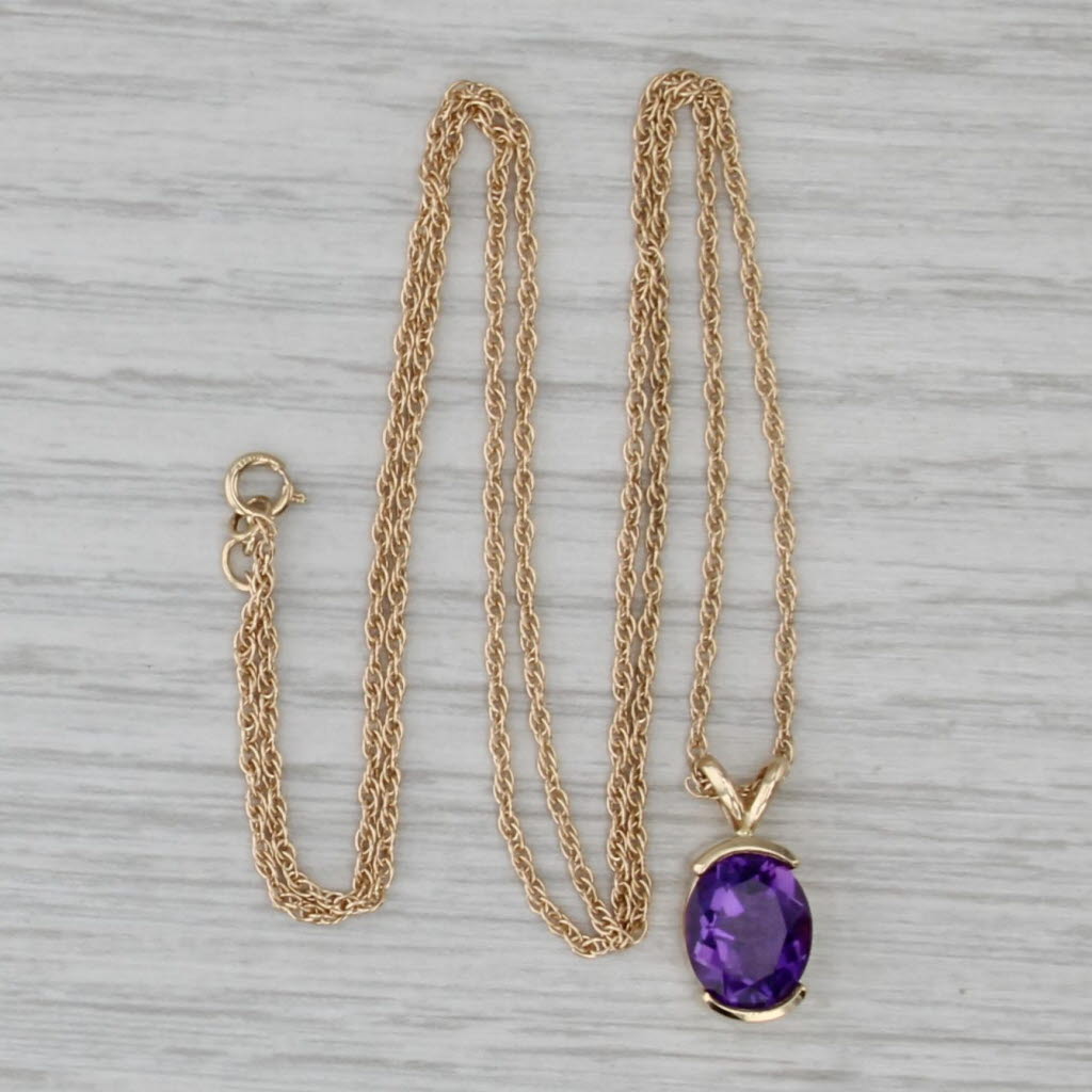 2.15ct Oval Amethyst Solitaire Pendant Necklace 14k Yellow Gold 20" Rope Chain