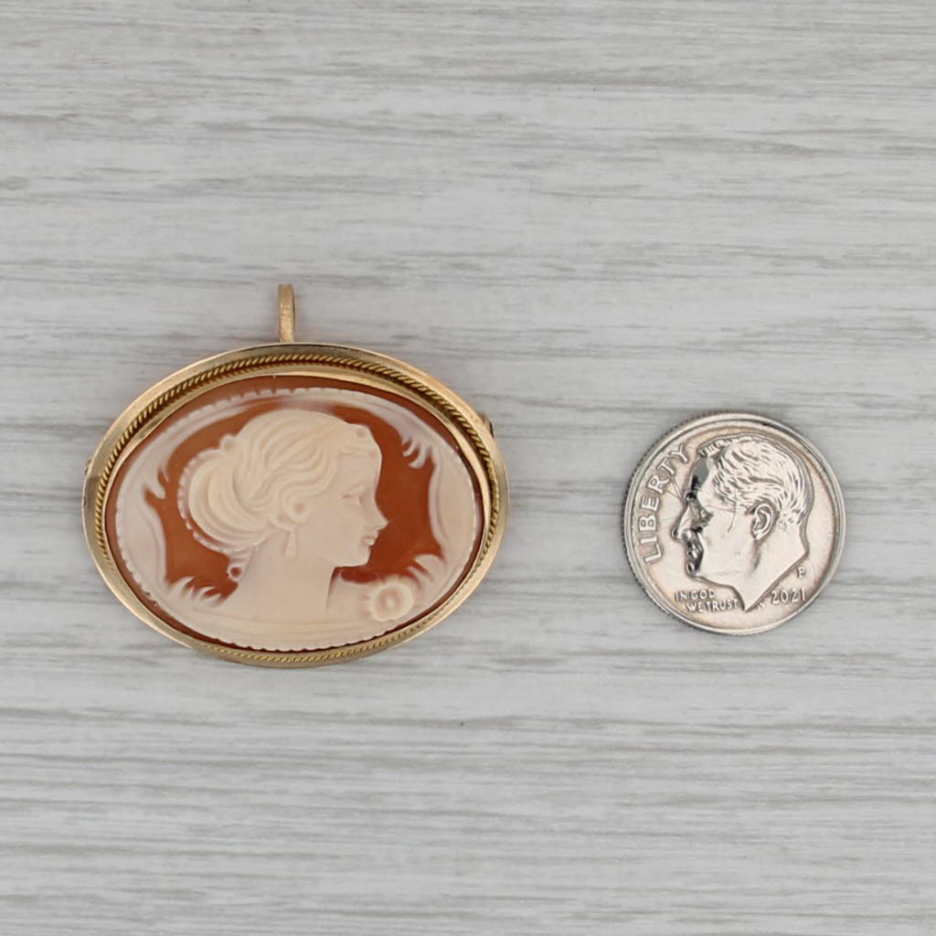Vintage Carved Shell Cameo Pendant Brooch 14k Yellow Gold Pin
