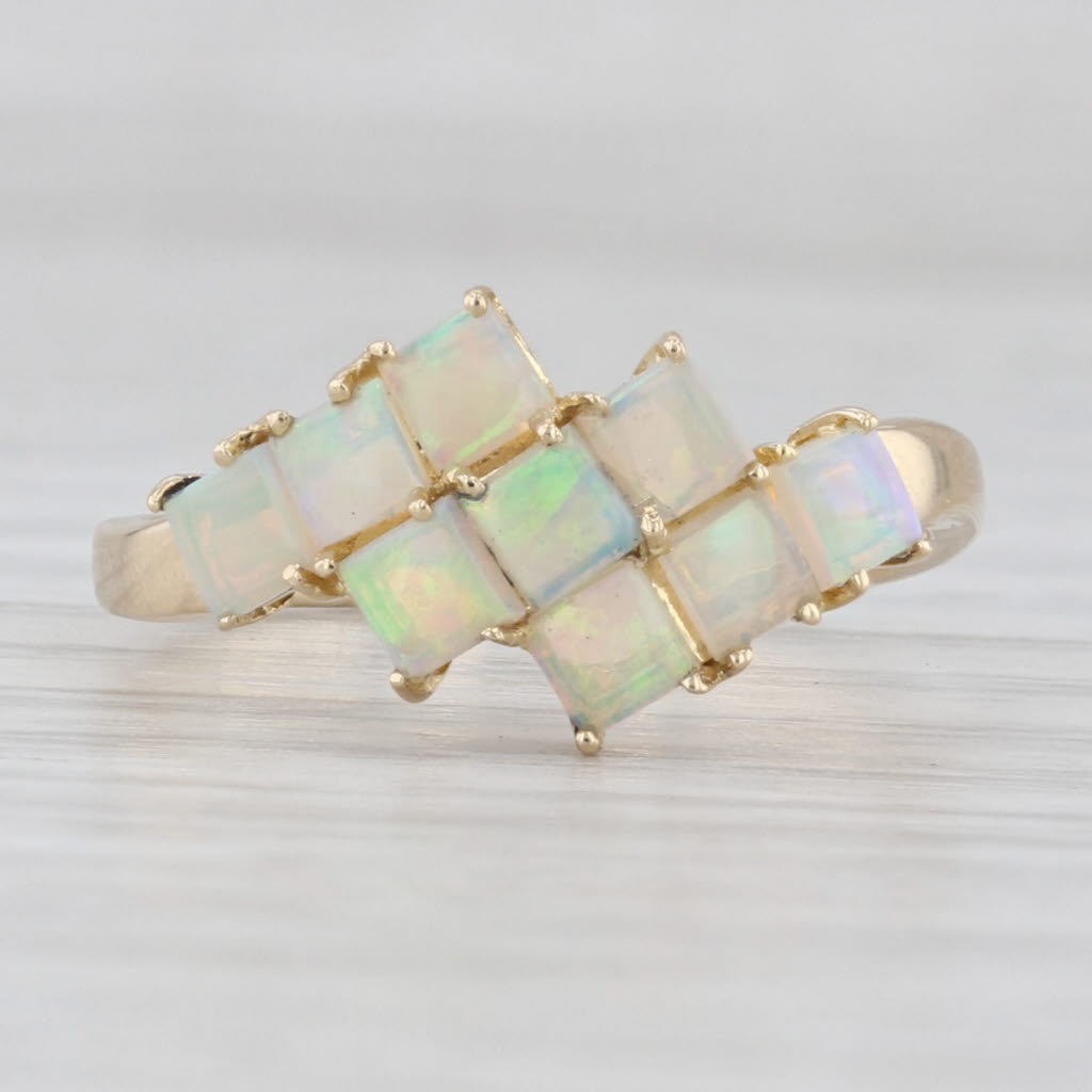 Light Gray Opal Cabochon Bypass Ring 14k Yellow Gold 3-Row 3-Stone Size 6.75