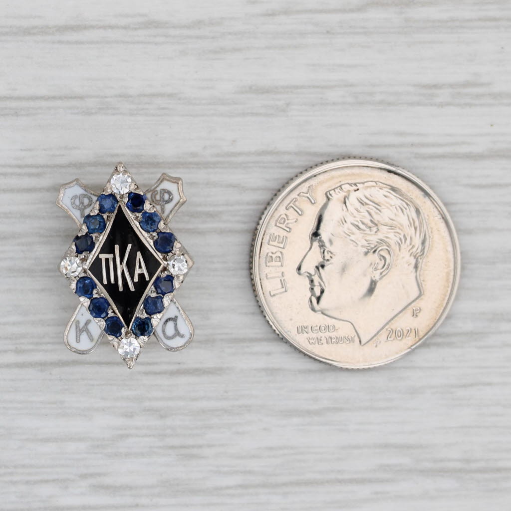 Gray Pi Kappa Alpha Fraternity Pin 14k White Gold Sapphire Enamel PIKE Badge