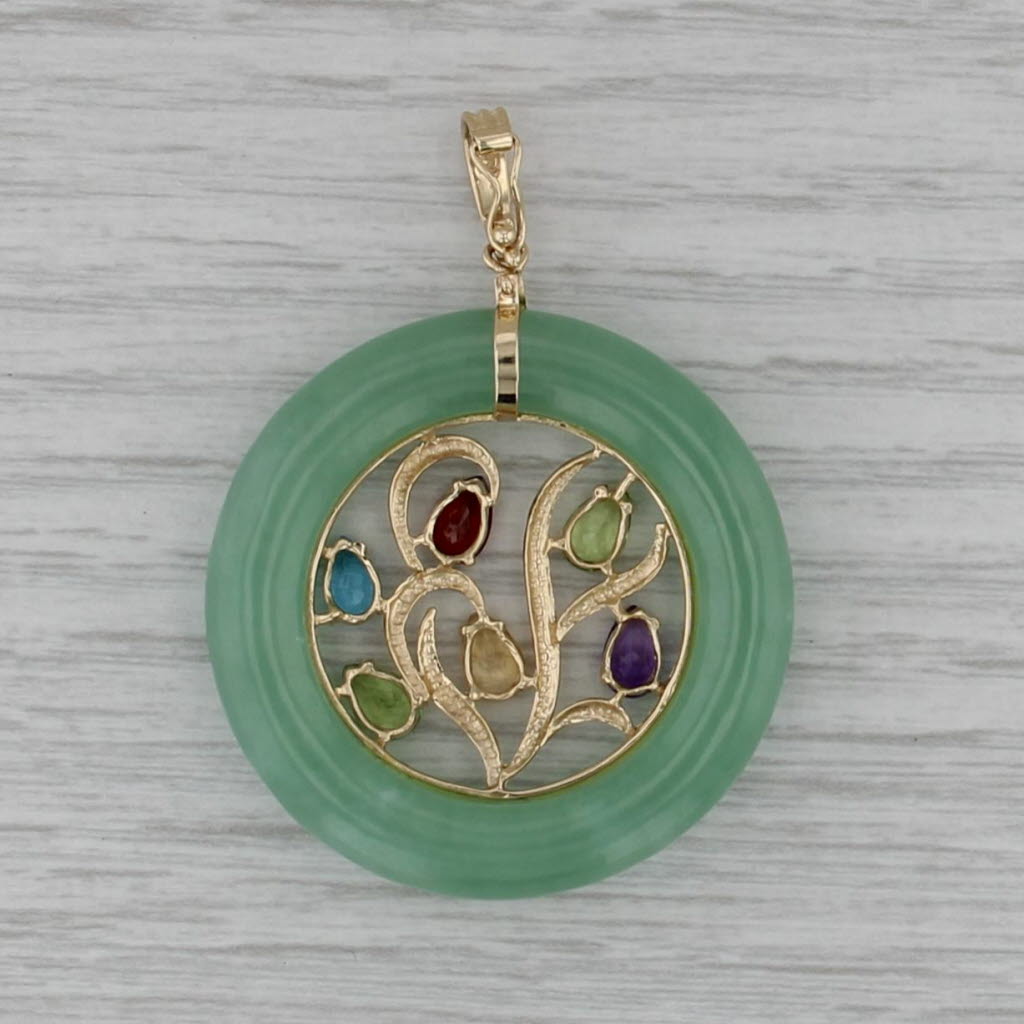 Jadeite Jade Hololith Gemstone Flower Pendant 14k Gold Clip Bail Statement