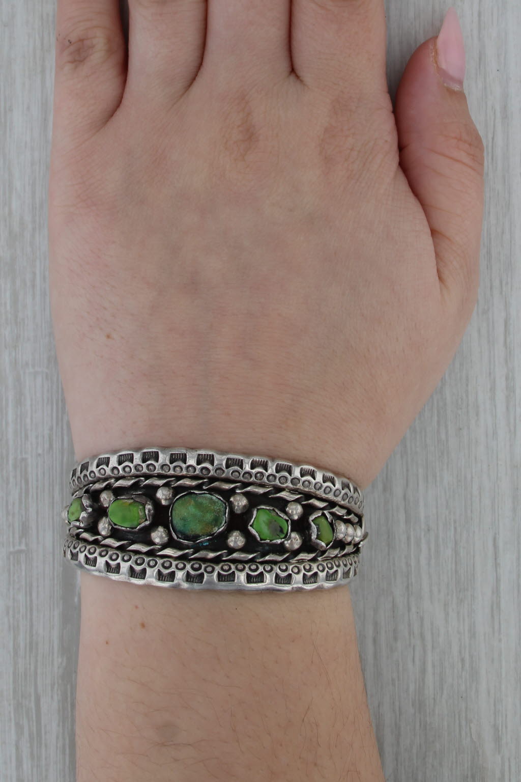 Native American Green Turquoise Cuff Bracelet Sterling Silver Vintage Artisan PJ