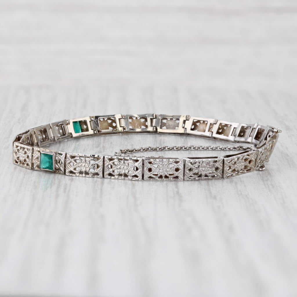 Light Gray Vintage Art Deco Diamond Floral Filigree Link Bracelet 14k White Gold 6.25"