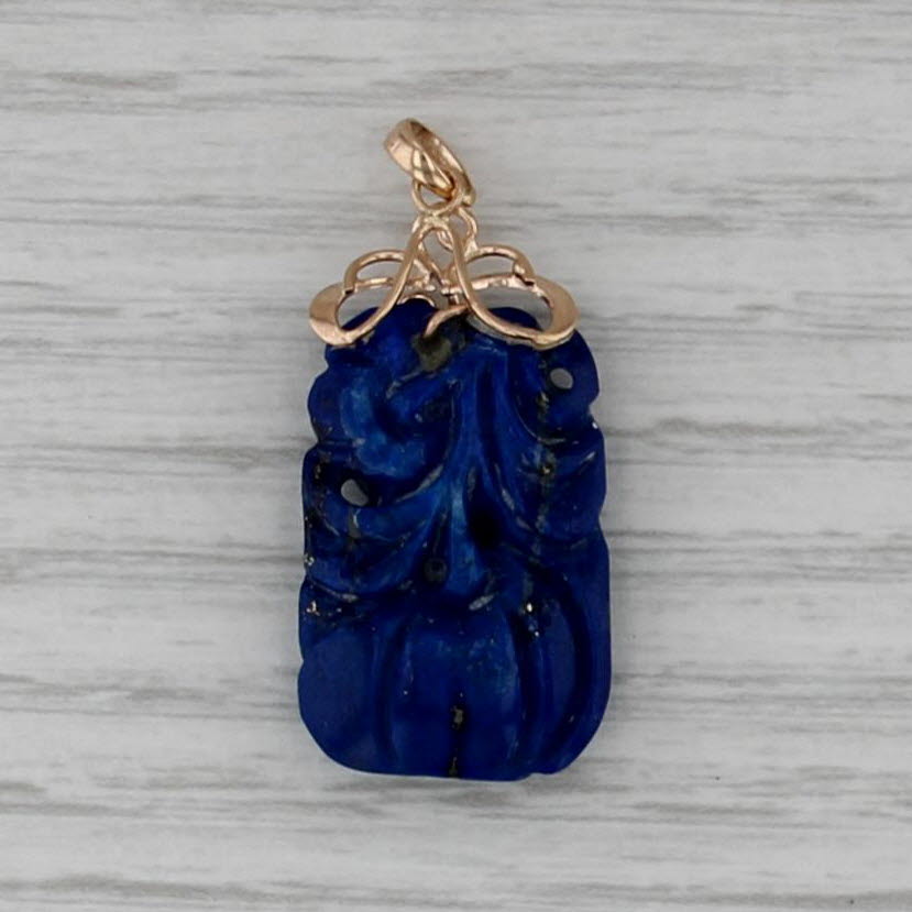 Carved Blue Lapis Lazuli Flower Pendant 14k Yellow Gold