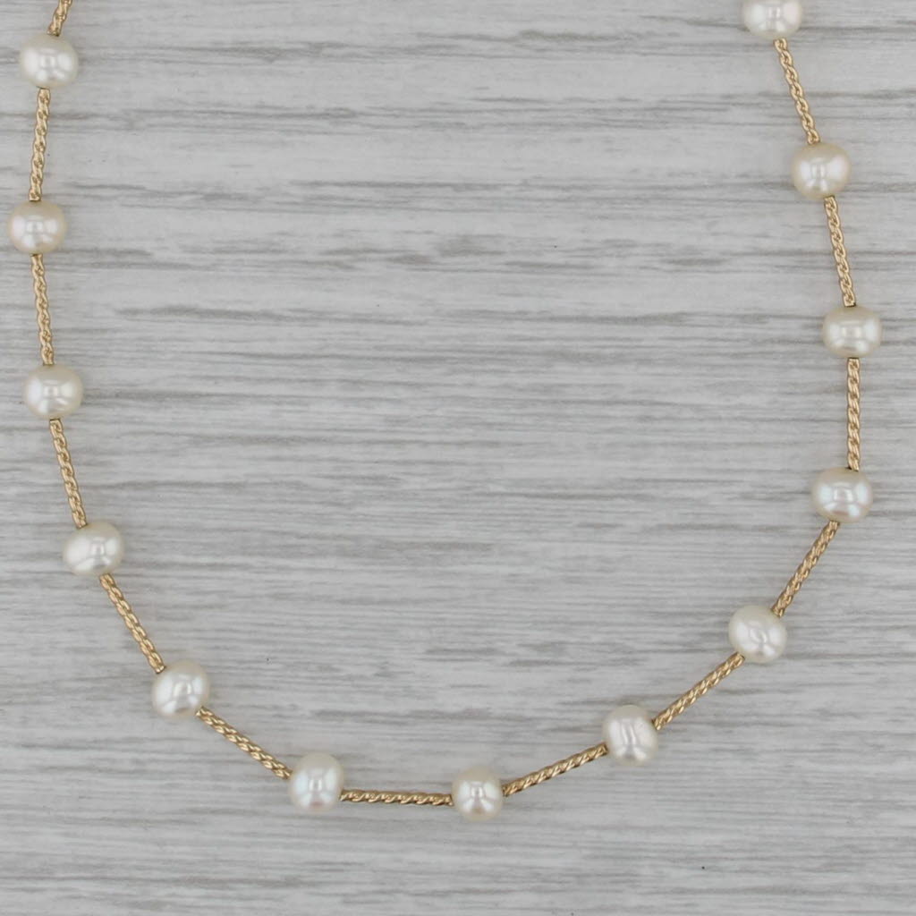 Cultured Pearl Bead Bar Link Necklace 14k Yellow Gold 18.25"