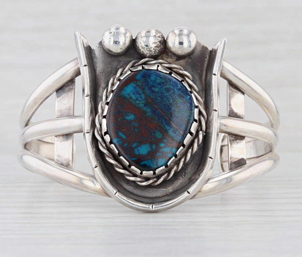 Turquoise Chrysocola Native American Cuff Bracelet Sterling Silver Mixed Mineral
