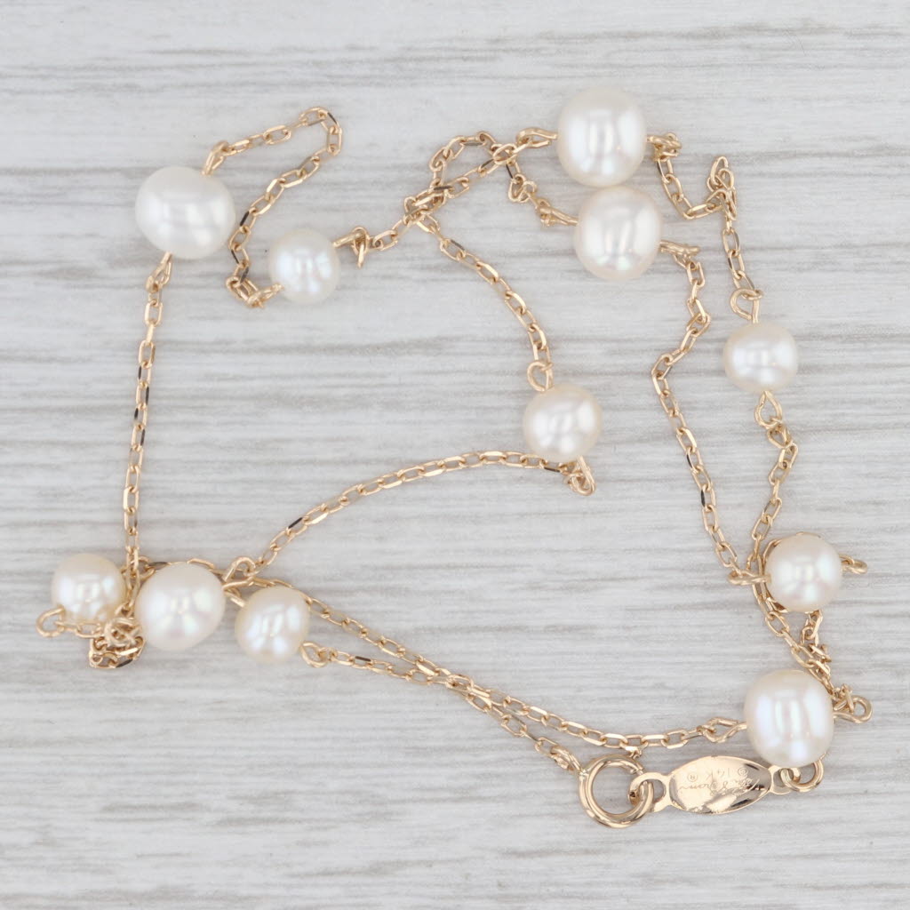 Light Gray Cultured Pearl Bead Station Necklace 14k Yellow Gold 17" Cable Chain