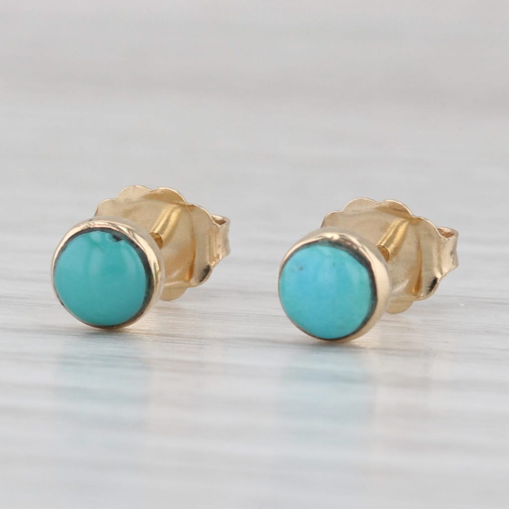 Turquoise Stud Earrings 14k Yellow Gold Round Cabochon Solitaire Studs