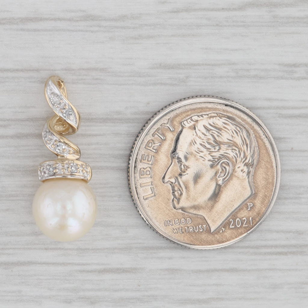 Gray Diamond Swirl Cultured Pearl Pendant 14k Yellow Gold Small Drop