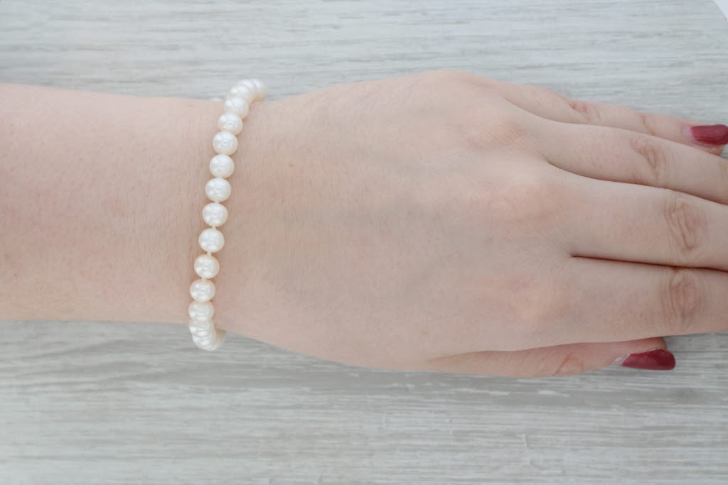 Dark Gray 7" Single Cultured Pearl Strand Bracelet 14k White Gold 6.7mm