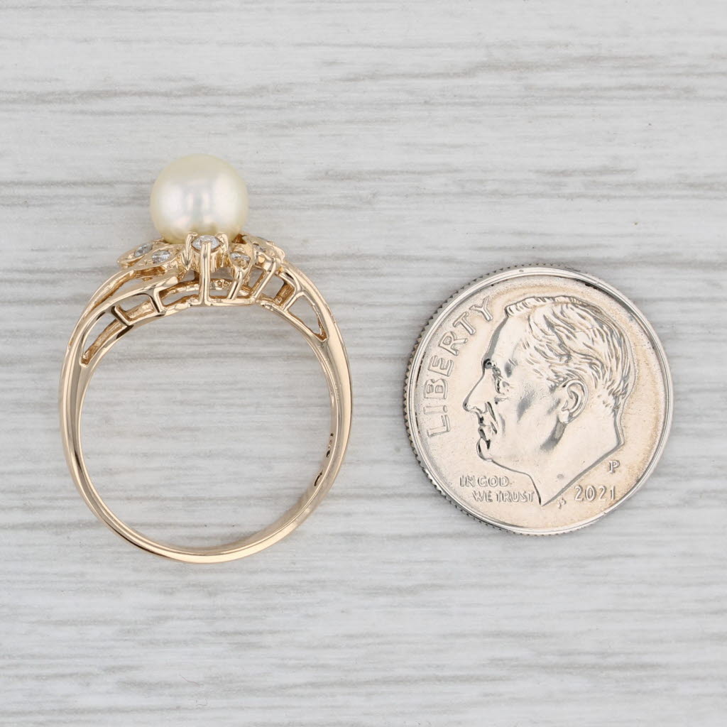 Light Gray Cultured Pearl 0.11ctw Diamond Halo Ring 14k Yellow Gold Size 6.25