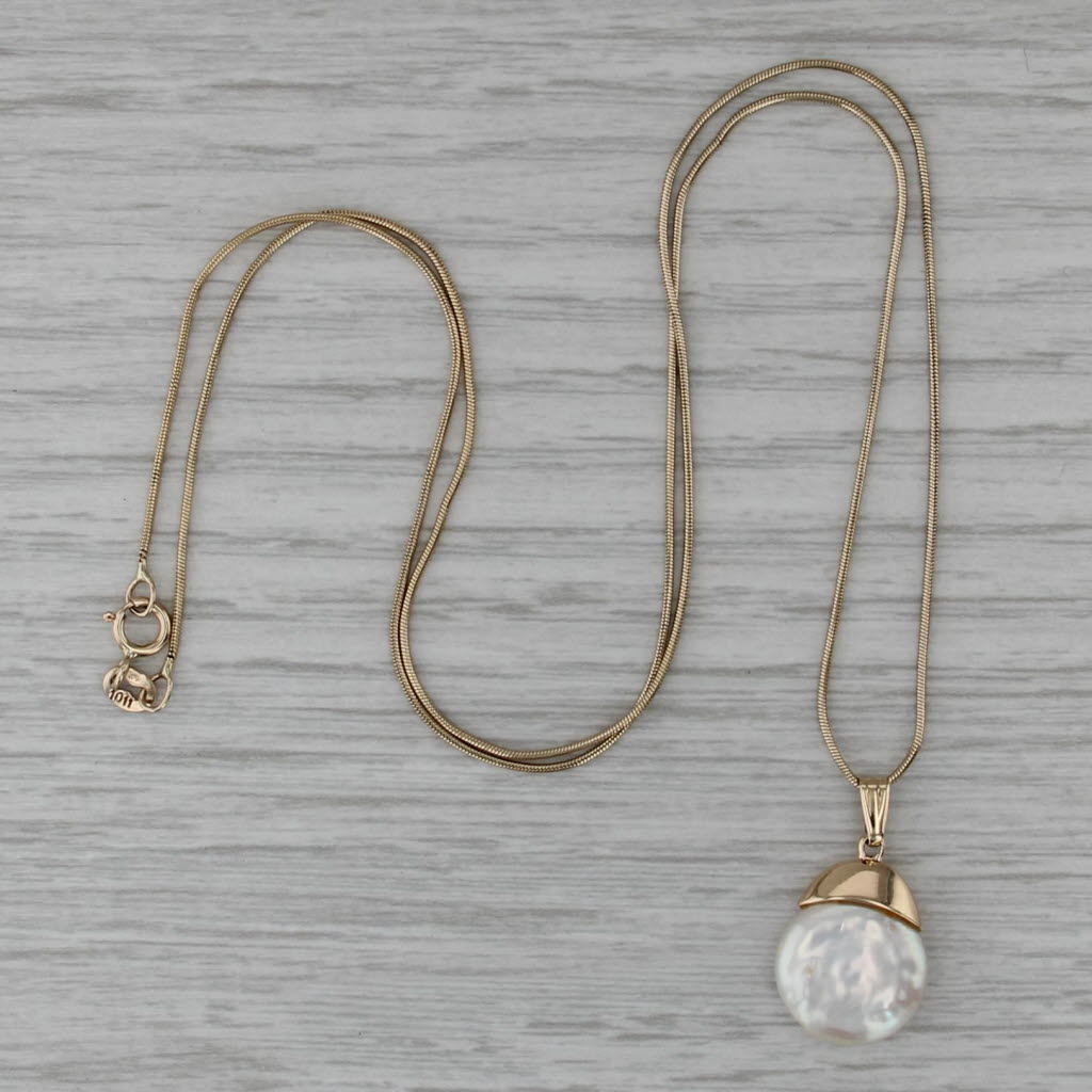 Cultured Coin Pearl Pendant Necklace 14k Yellow Gold 18.5" Snake Chain