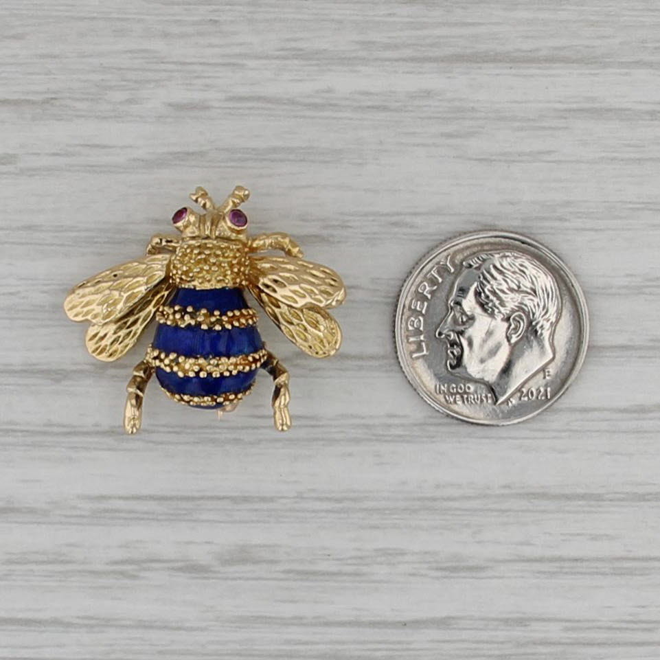 Ruby Eyed Bumble Bee Brooch 18k Yellow Gold Enamel Vintage Insect Bug Pin