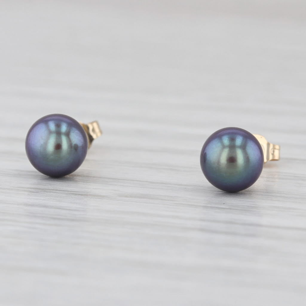 Cultured Black Pearl Stud Earrings 14k Yellow Gold 6mm Solitaire Studs