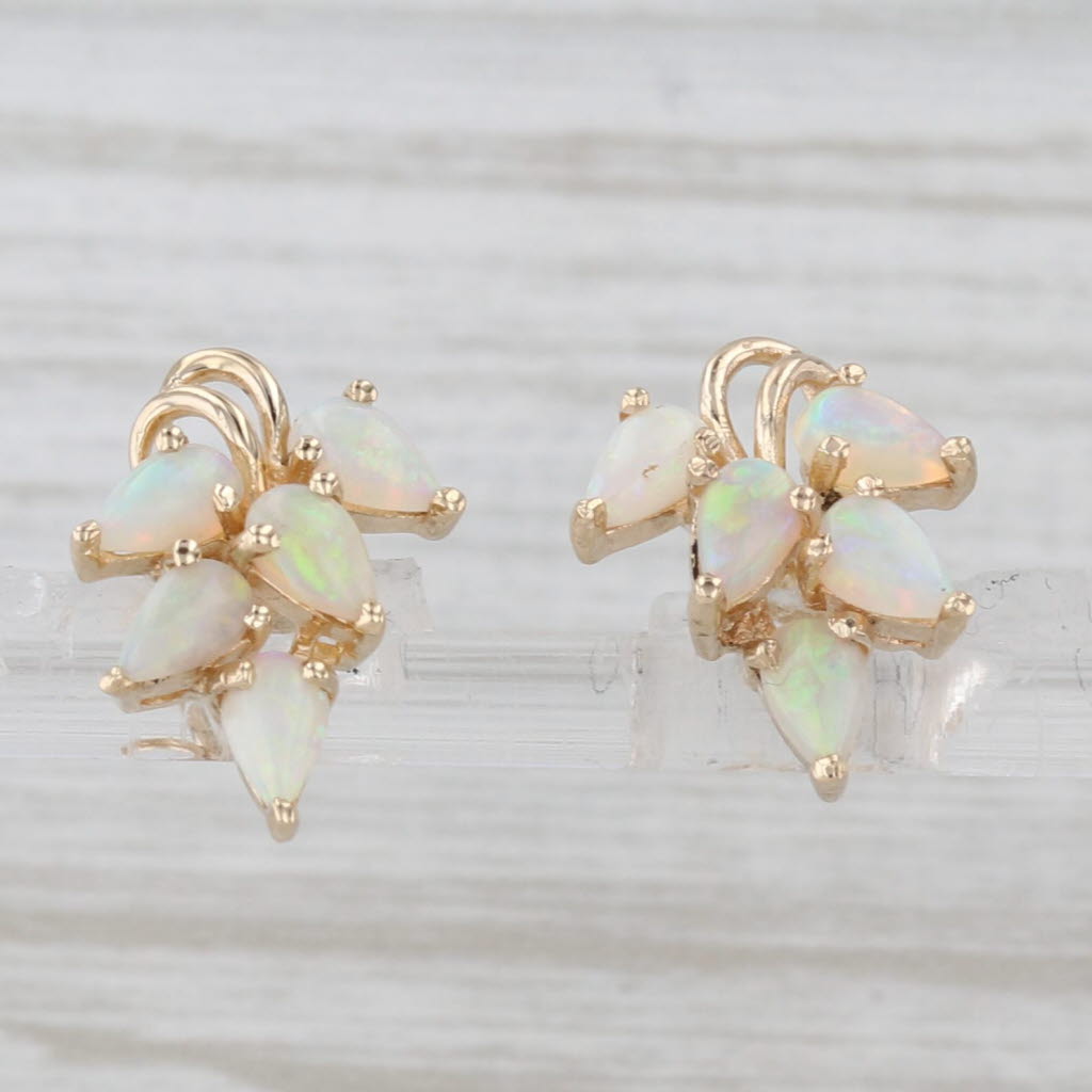 Light Gray Opal Cluster Stud Earrings 14k Yellow Gold Pear Cabochons