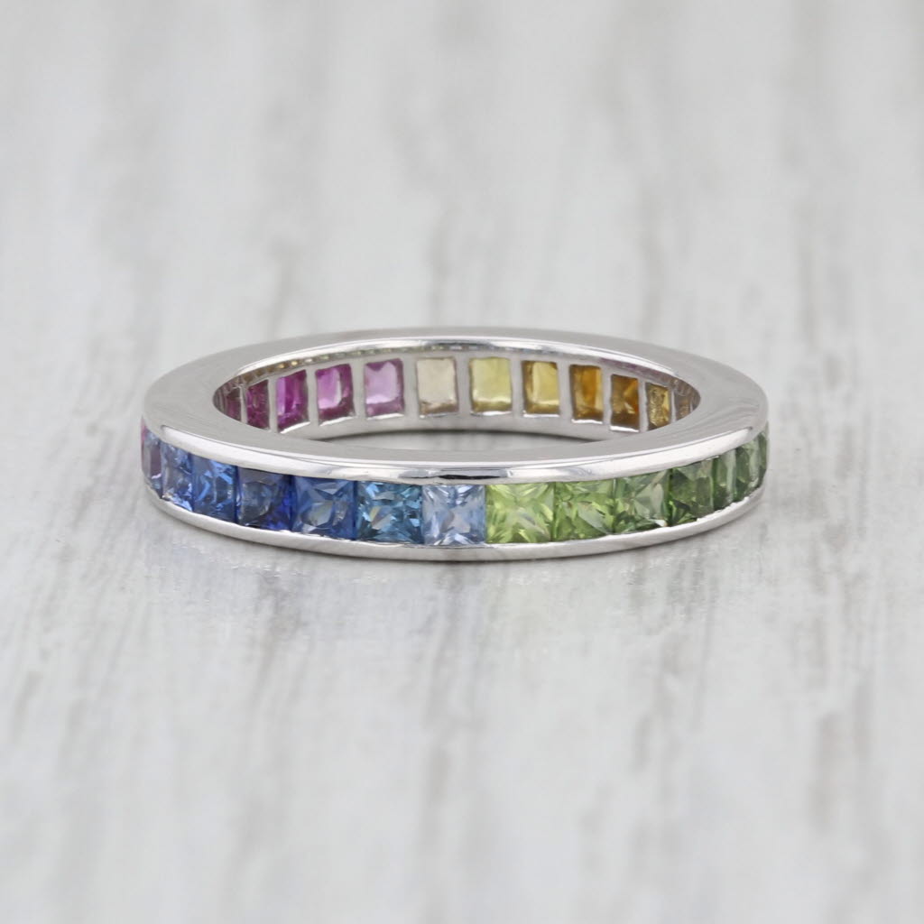 2.50ctw Rainbow Sapphire Eternity Ring 18k White Gold Size 5.5 Wedding Stackable