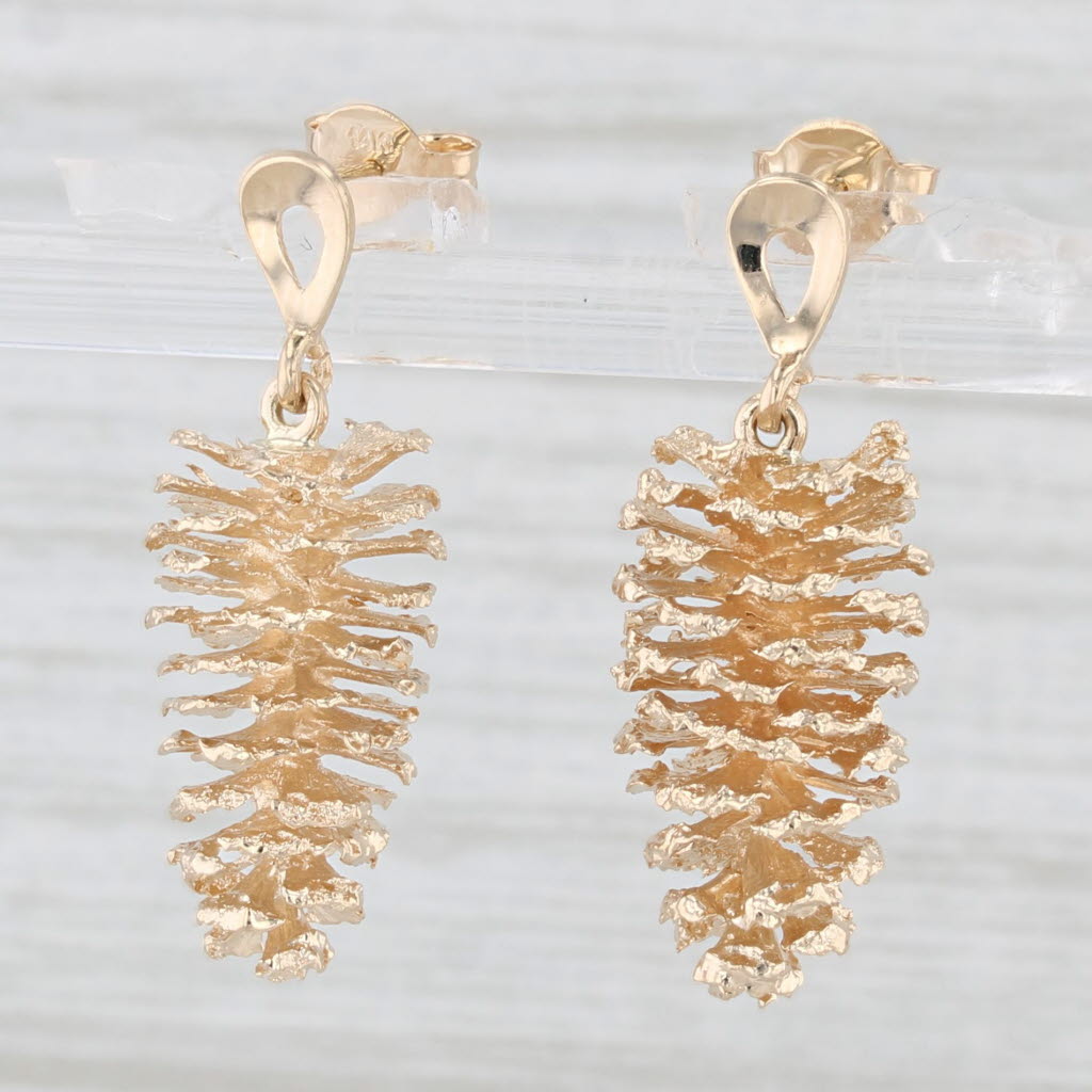Light Gray Pine Cone Dangle Earrings 14k Yellow Gold Pierced Drops
