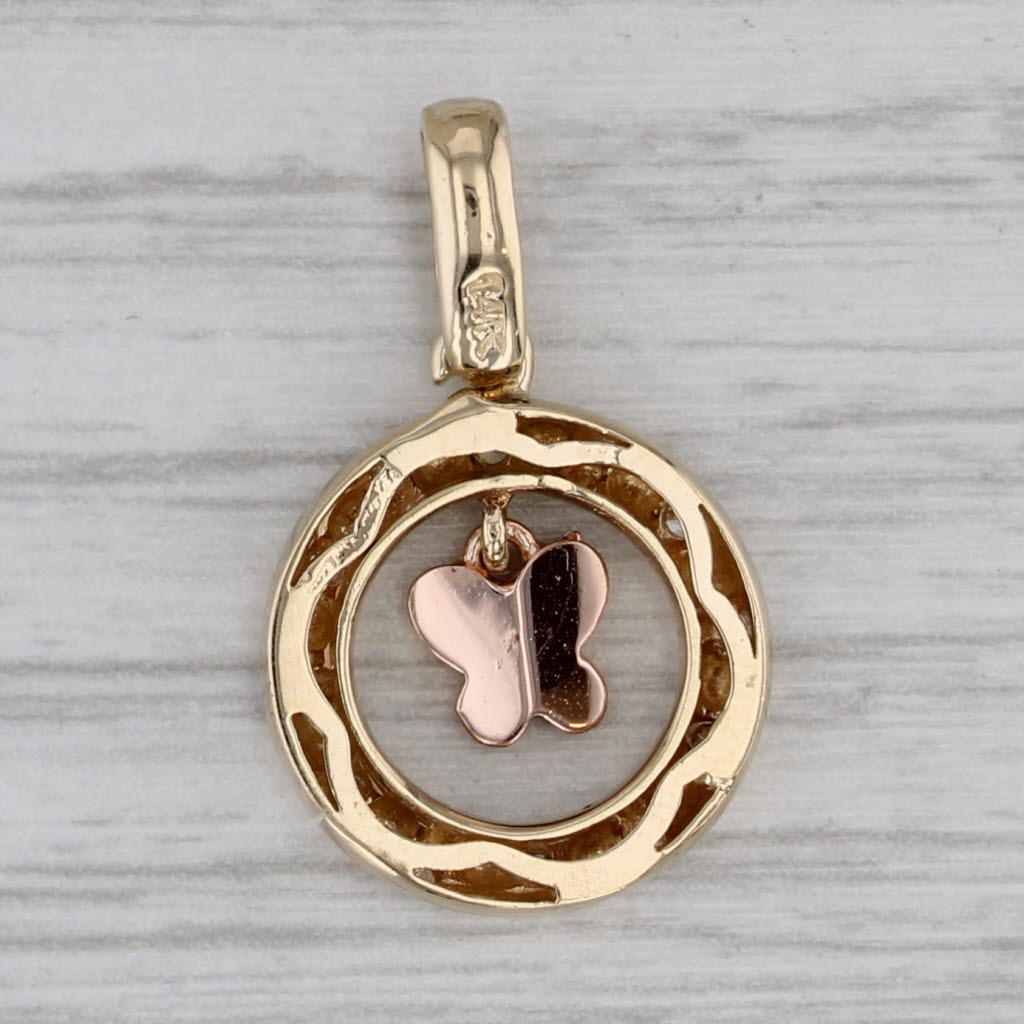Gray Cubic Zirconia Floating Butterfly Circle Pendant 14k Yellow Rose Gold