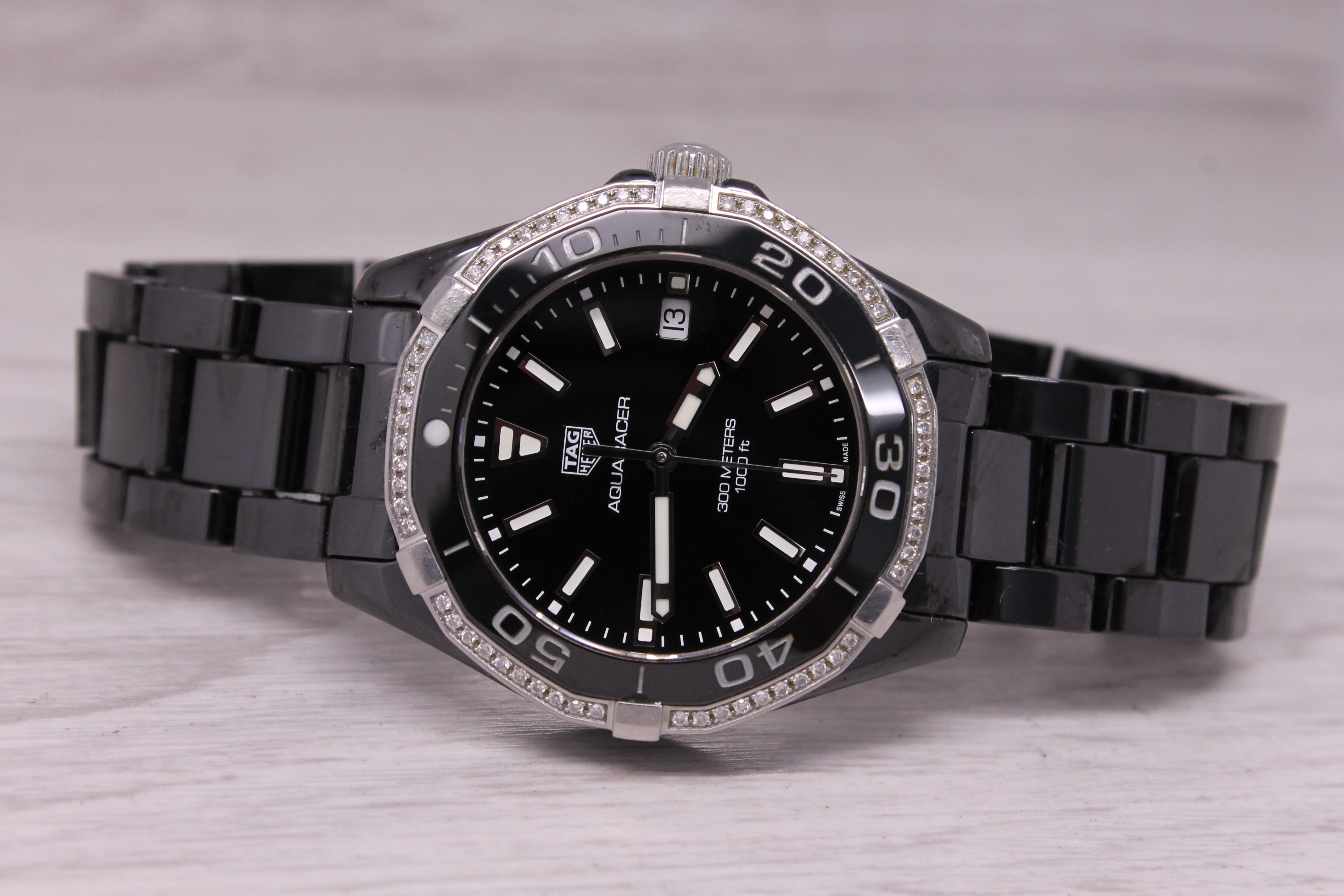 Tag Heuer Ladies Aquaracer Black Ceramic & Diamond 35mm Quartz Watch Box WAY1395