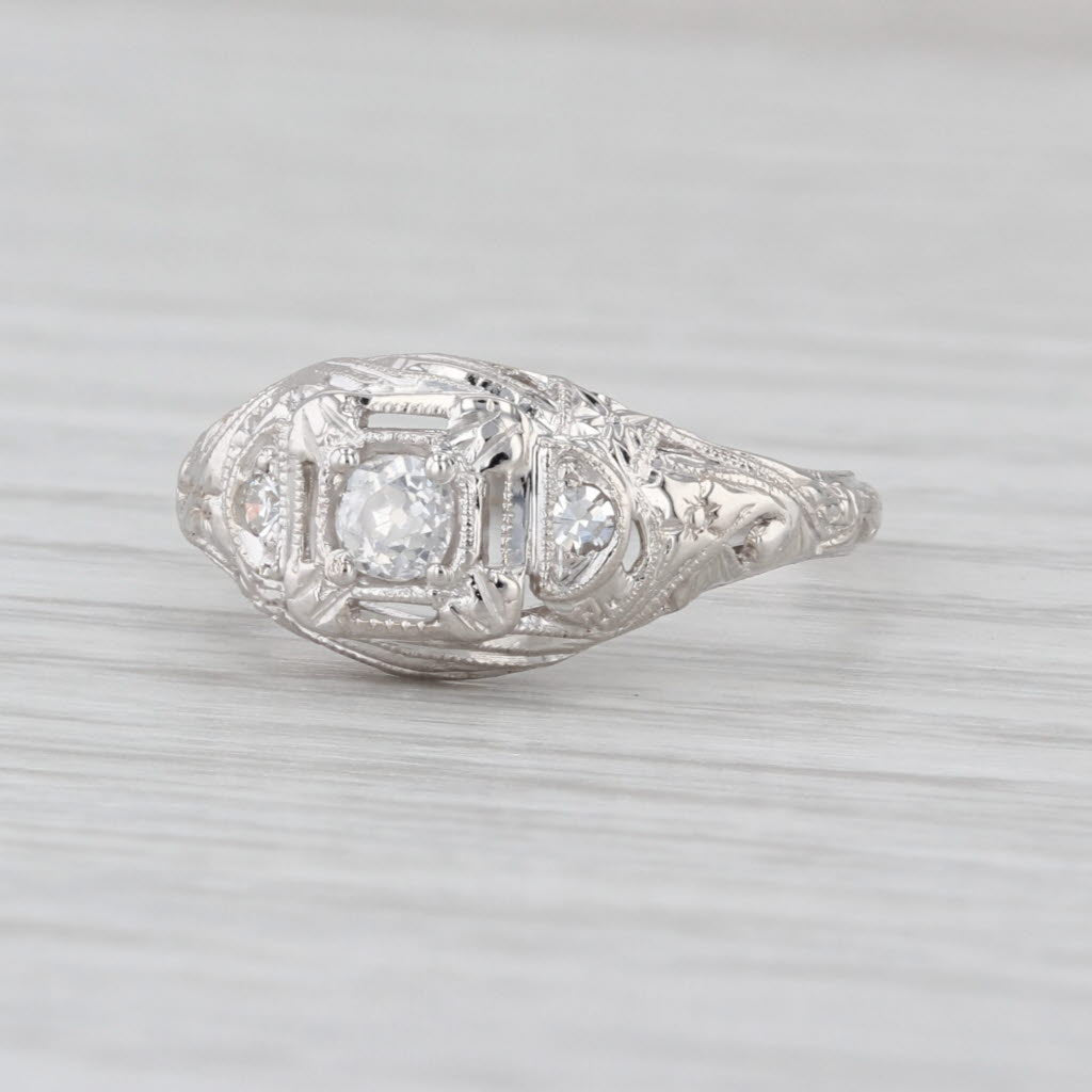 Art Deco 0.23ctw Diamond Engagement Ring 18k White Gold Filigree Size 6.5