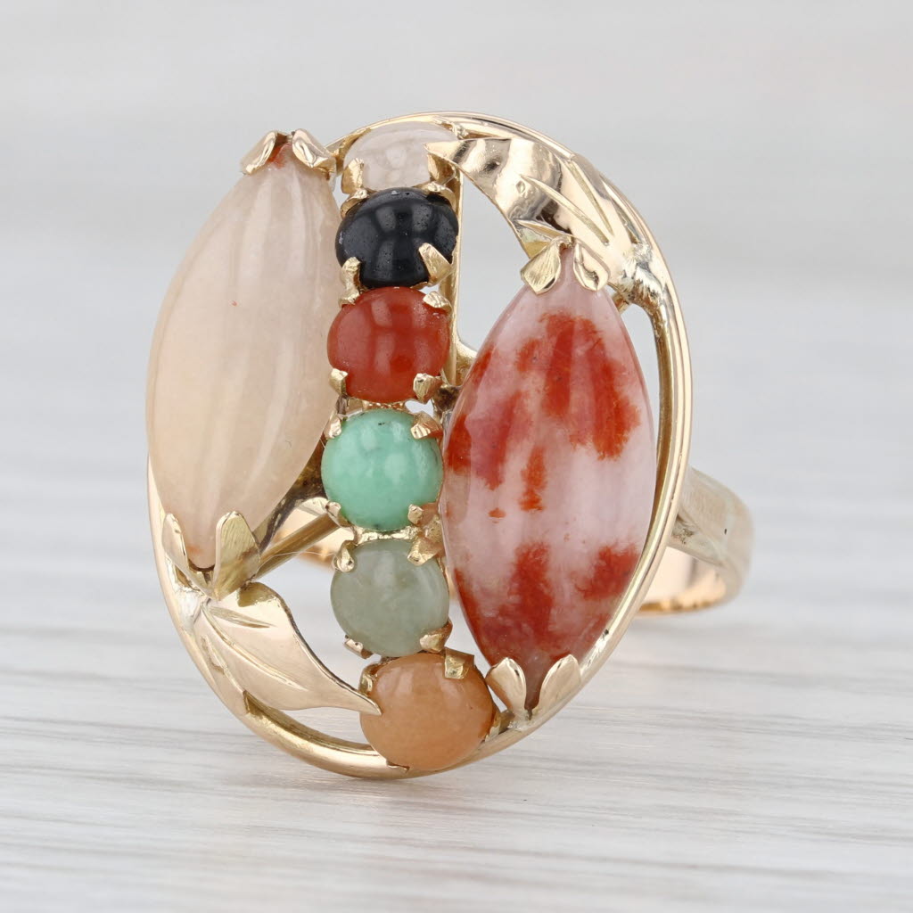 Multicolor Jadeite Jade Cluster Ring 14k Yellow Gold Size 6.25 Cocktail