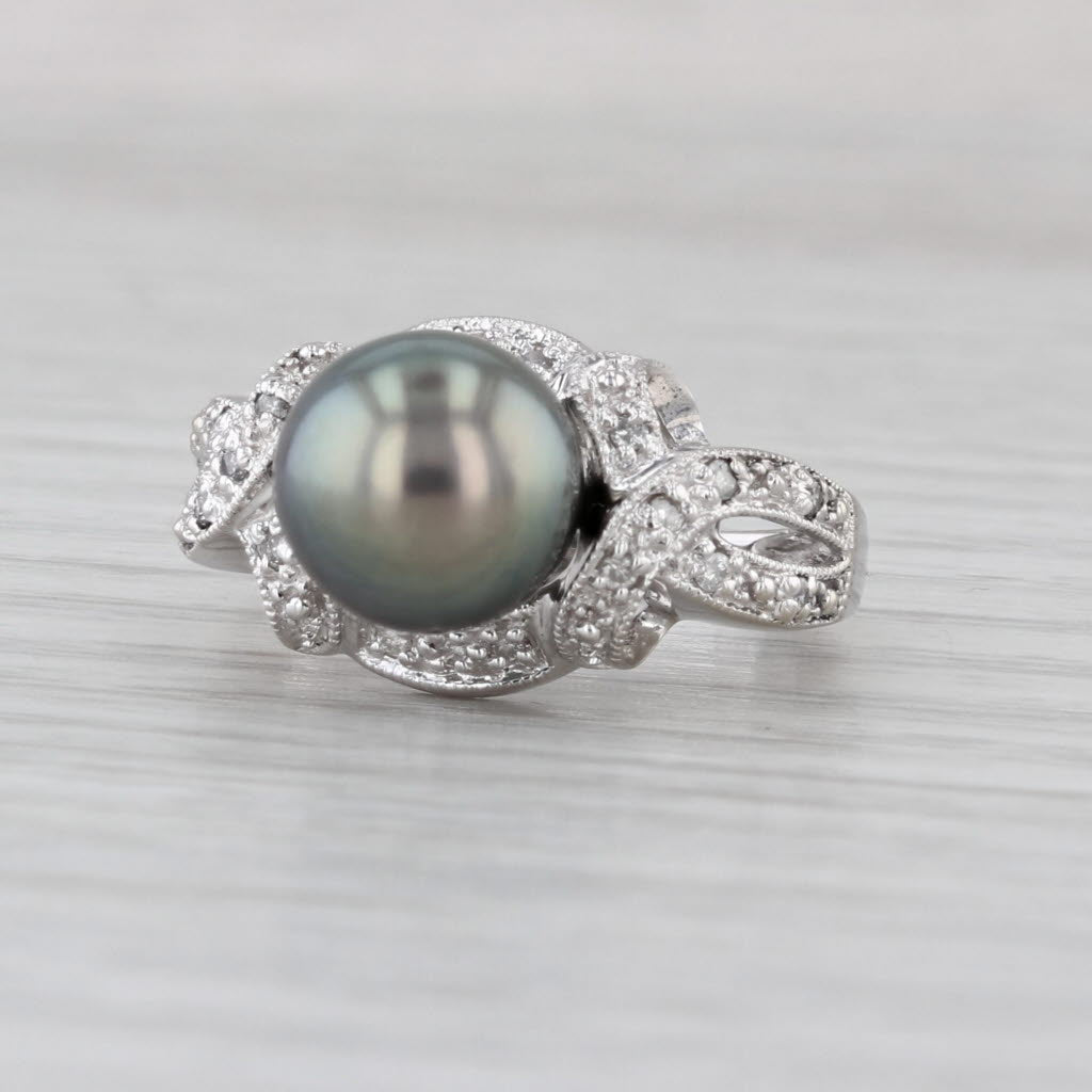 Black Cultured Pearl Diamond Ring 14k White Gold Size 5