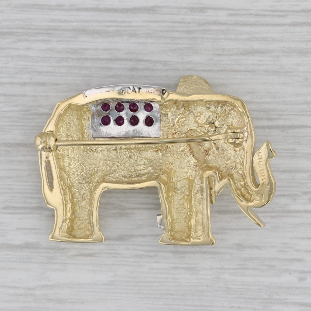 Gray 0.45ctw Ruby Diamond Sapphire Elephant Brooch 18k Yellow Gold Platinum Pin