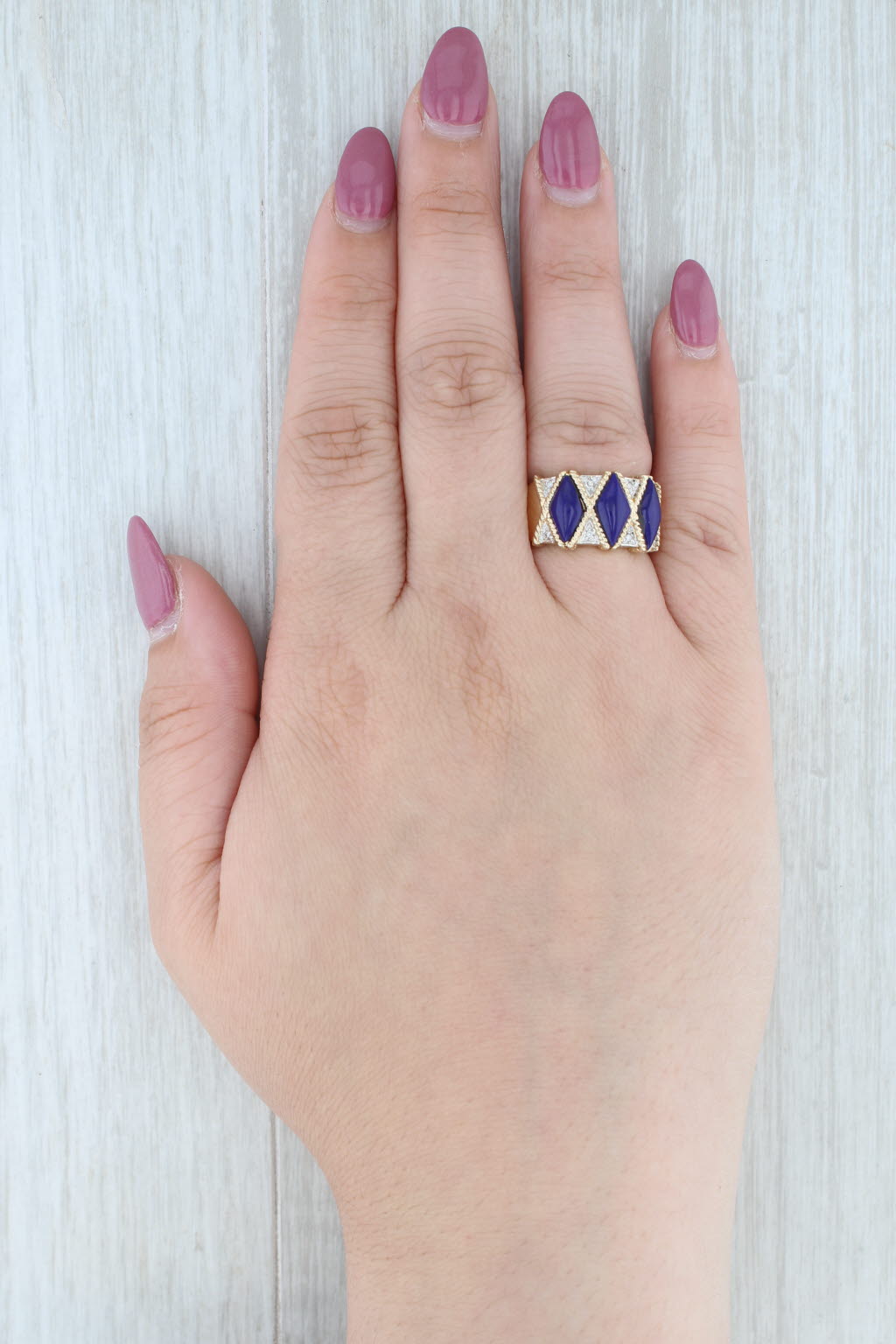 Light Gray Blue Lapis Lazuli Diamond Ring 14k Yellow Gold Size 6.25 Statement