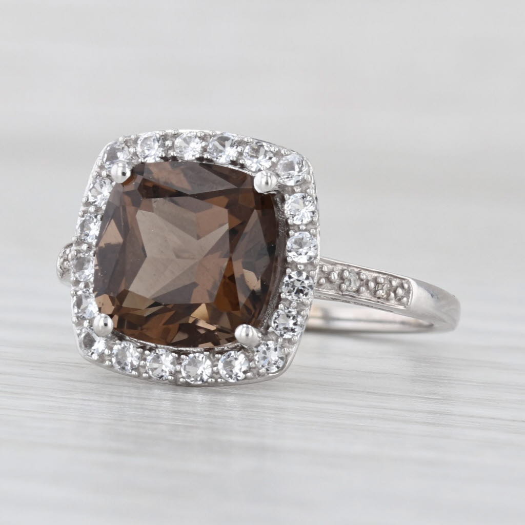 3.30ct Smoky Quartz White Topaz Halo Ring 10k White Gold Size 7