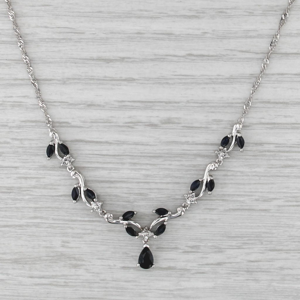 1.96ctw Blue Sapphire Vinework Necklace 14k White Gold 17.5" Singapore Chain