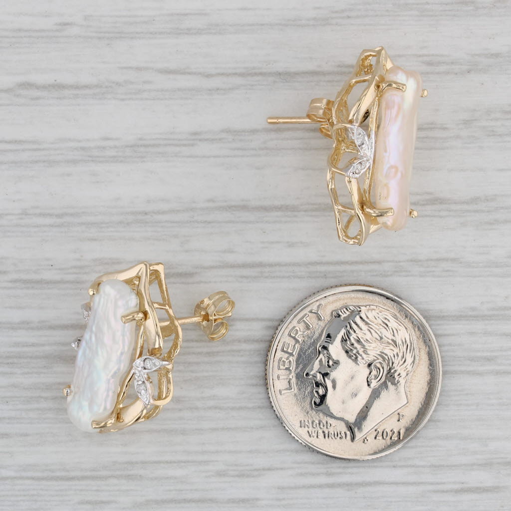 Gray Keshi Pearl Diamond Stud Earrings 14k Yellow Gold