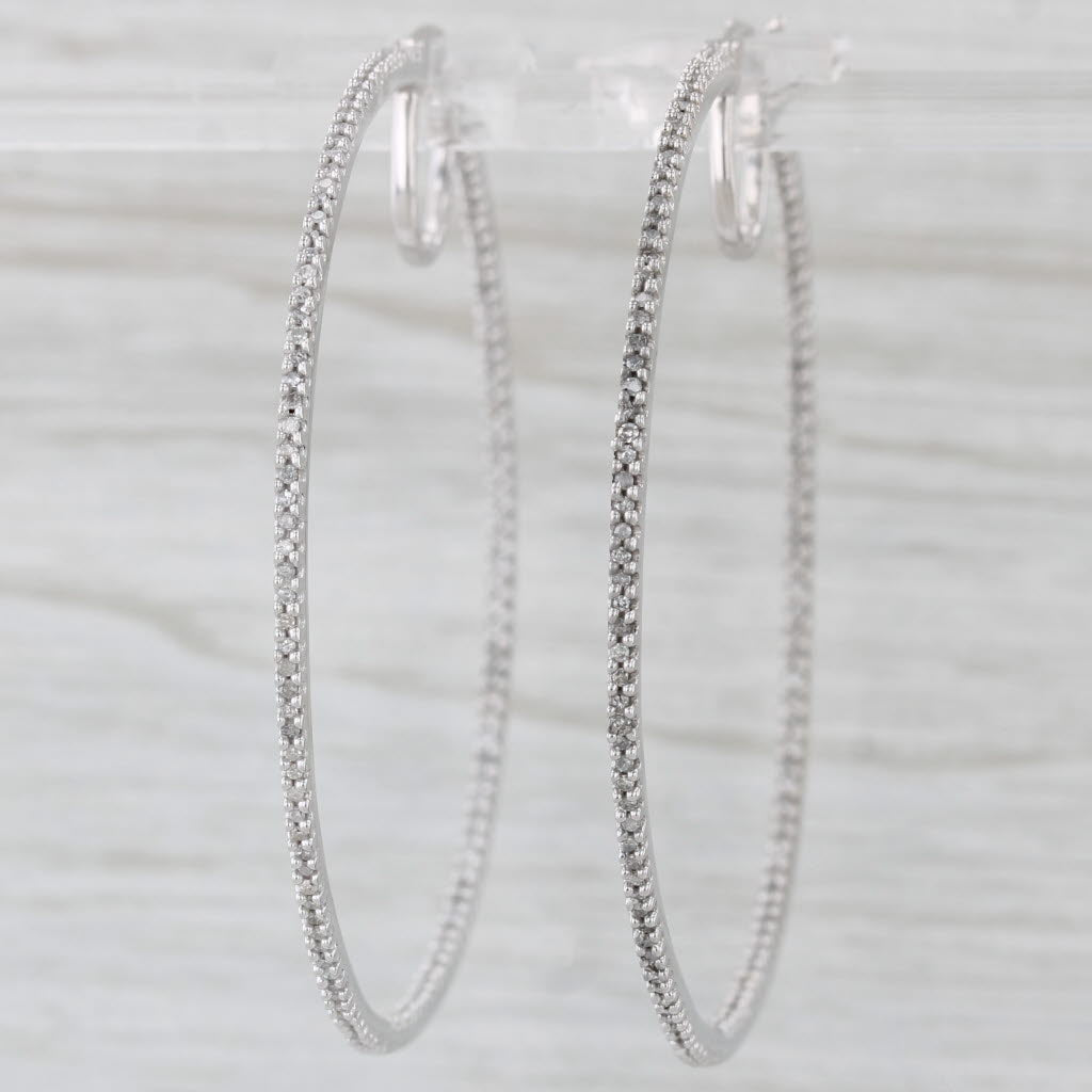 Light Gray 0.50ctw Large Diamond Hoop Earrings 10k White Gold Round Hoops 50.5 x 1.4mm
