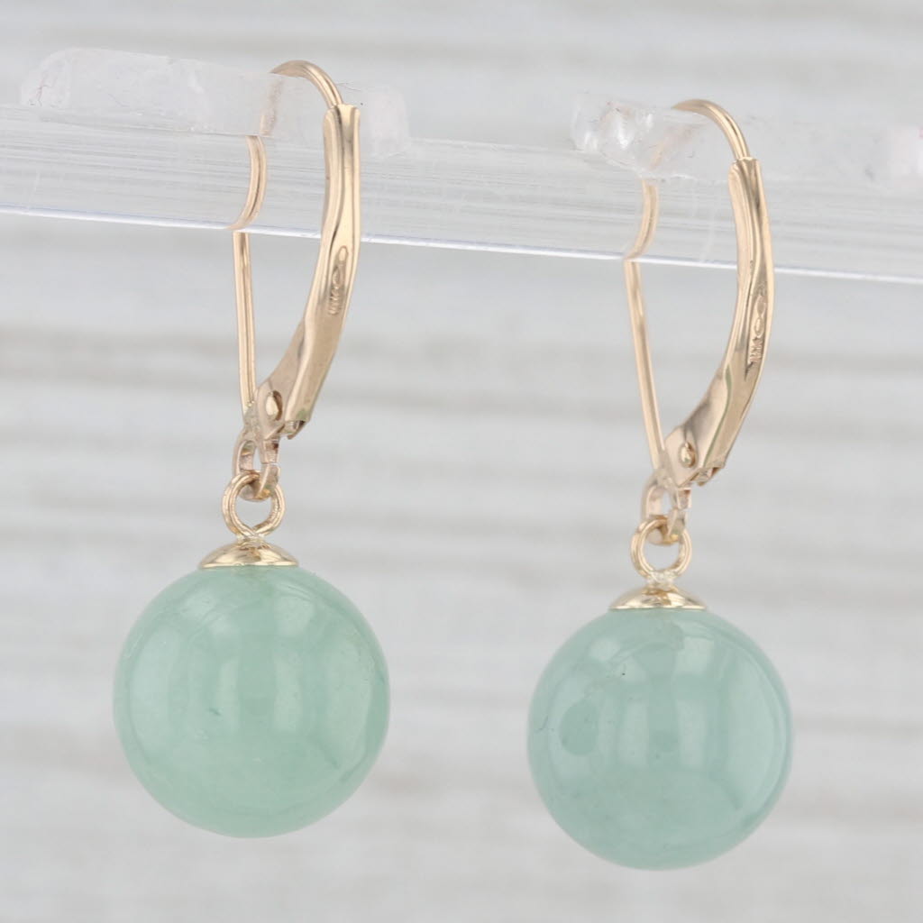 Light Gray Green Serpentine Bead Dangle Earrings 14k Yellow Gold Lever Backs