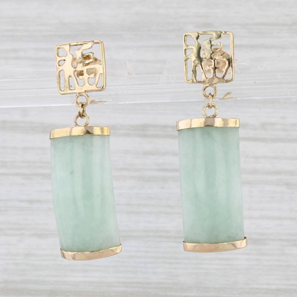 Light Gray Green Jadeite Jade Dangle Earrings 14k Yellow Gold Good Luck Chinese Calligraphy