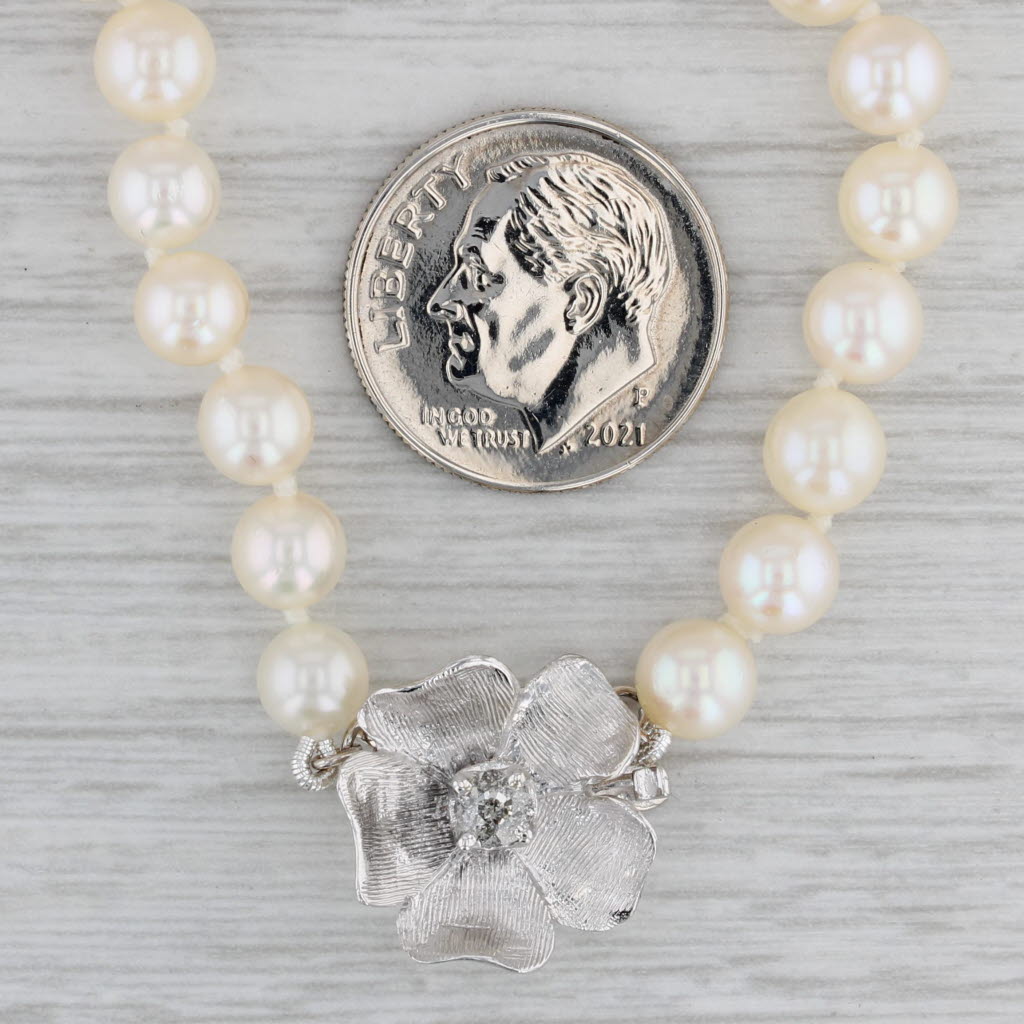Gray Diamond Flower Cultured Pearl Bead Strand Necklace 14k White Gold 19.75"