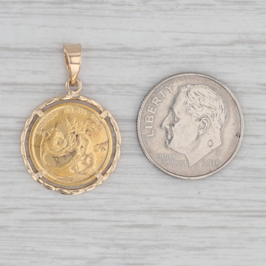 Gray 1984 5 Yuan Chinese Panda Coin Pendant 14k Bezel 1/20oz 999 Coin Yellow Gold
