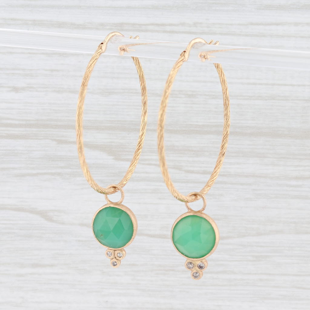 New Nina Wynn Hoop Earrings 18k Yellow Gold Diamond Green Chrysoprase Charms