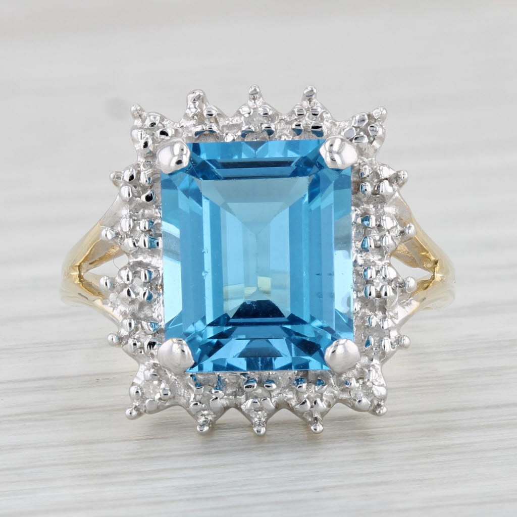 Light Gray 5.88ctw Blue Topaz Diamond Halo Ring 10k Yellow Gold Size 7.75