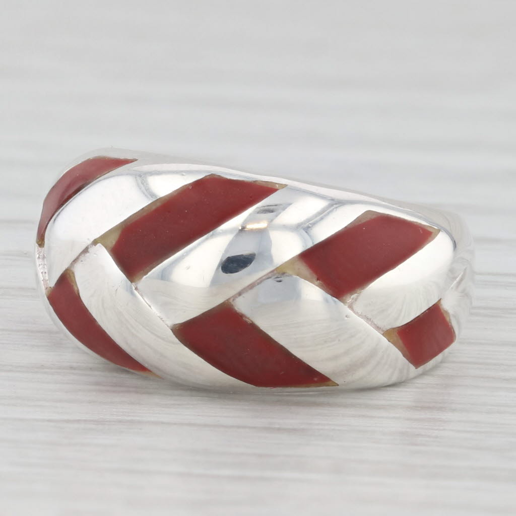 Light Gray Red Resin Domed Ring Sterling Silver Size 5.75 Band