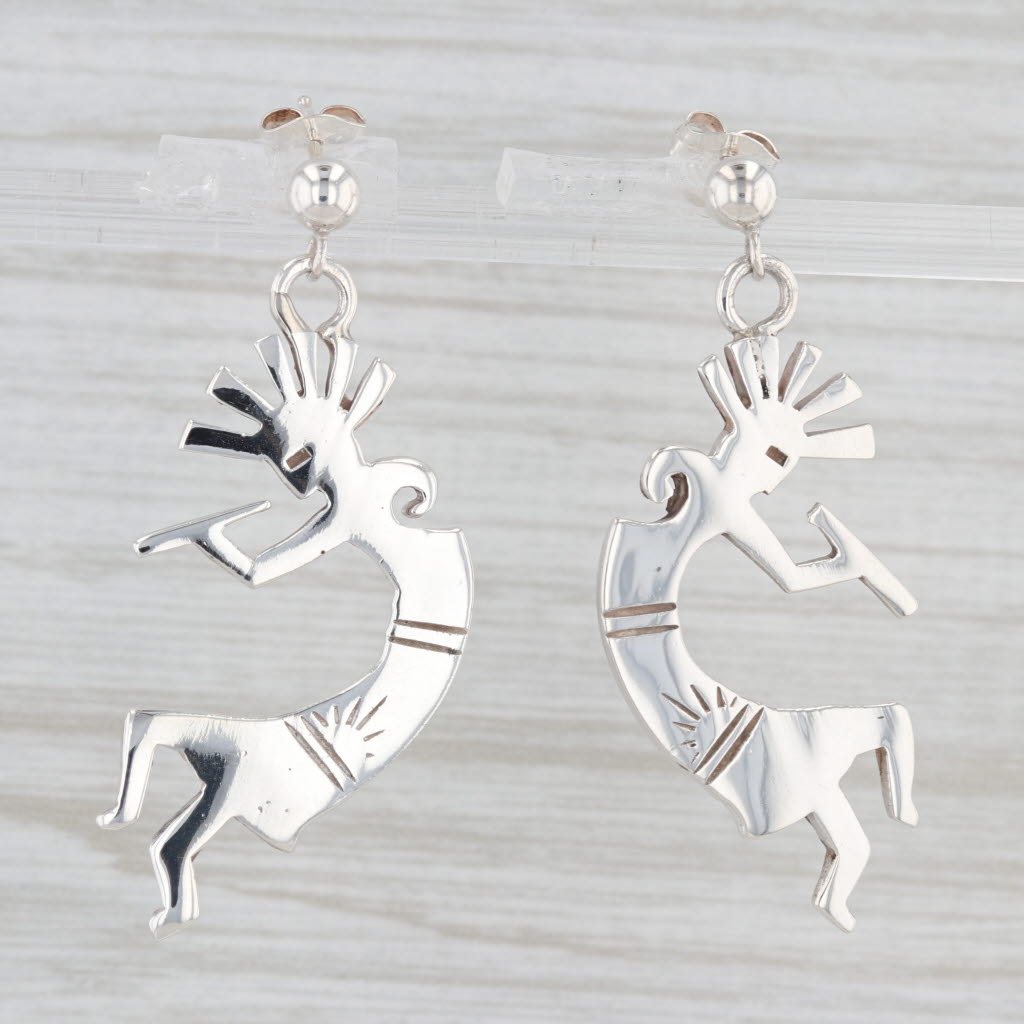Light Gray Kokopelli Tribal Figure Earrings Sterling Silver Dangle Drops Southwestern
