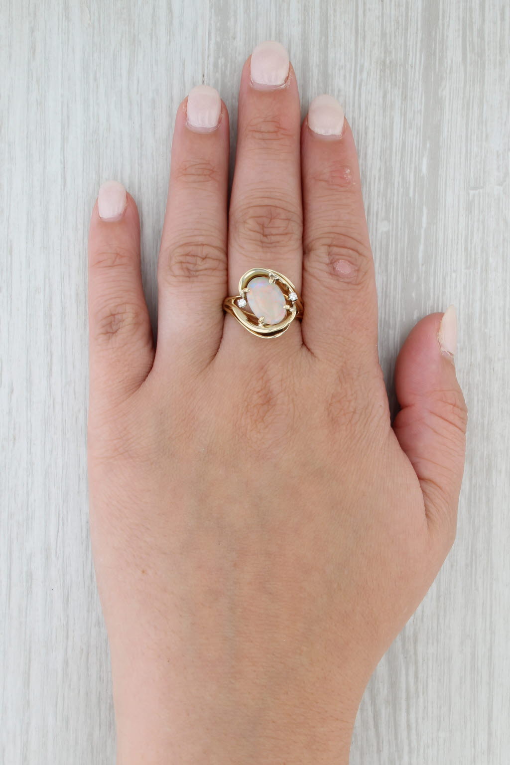 Oval Cabochon Opal Diamond Ring 14k Yellow Gold Bypass Size 8