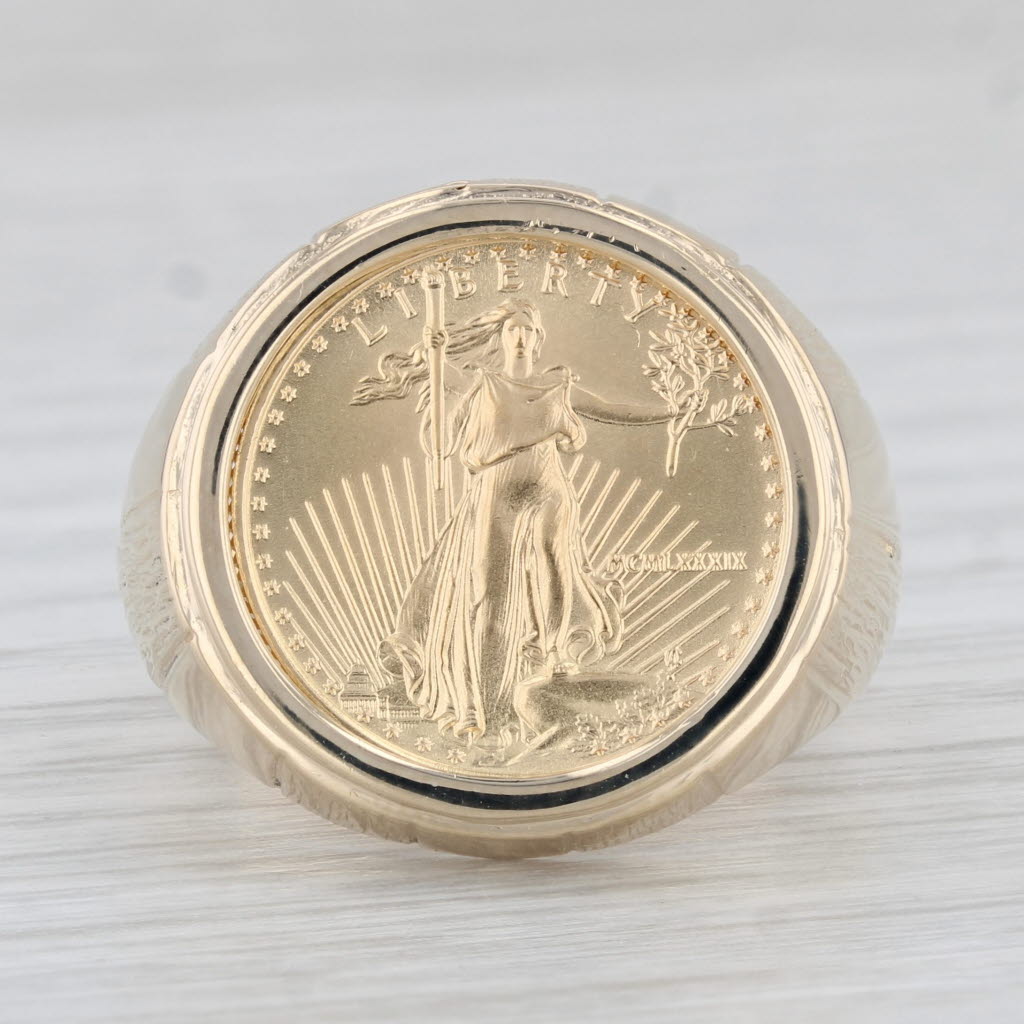 Gray 1989 1/10ozt 5 Dollar American Eagle Coin Ring 14k 22k Yellow Gold Sz 8.75