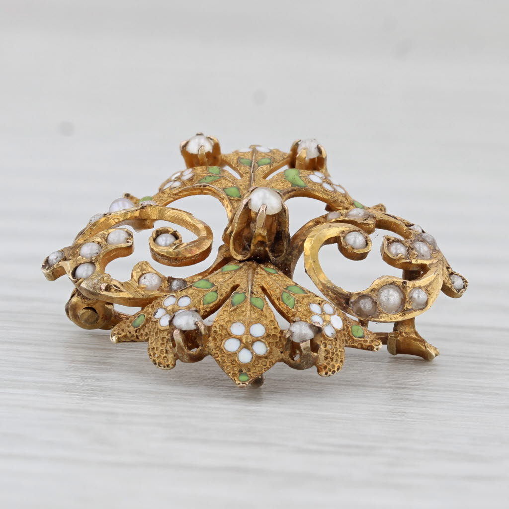 Light Gray Antique Floral Pearl Brooch Pendant 10k Yellow Gold Ornate Pin