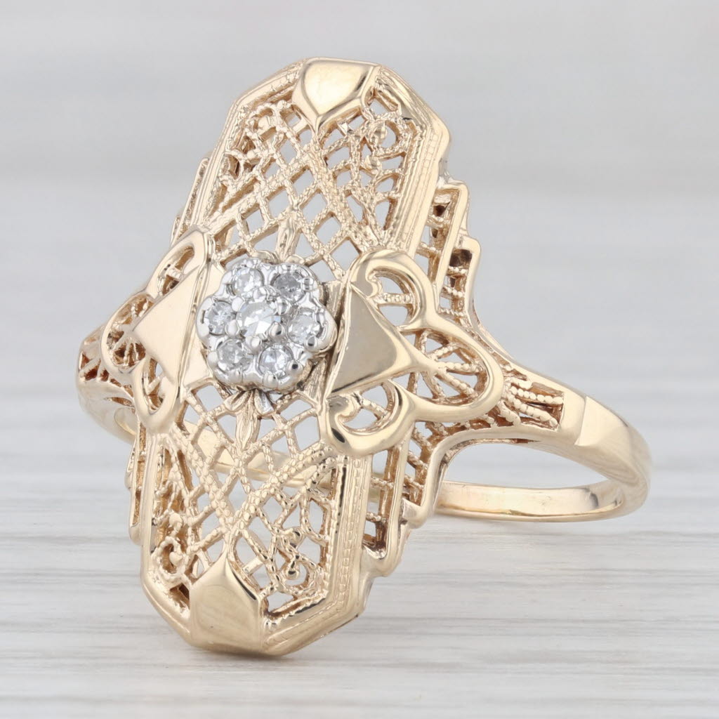 Light Gray Diamond Cluster Filigree Ring 10k Yellow Gold Size 9 Vintage Art Deco