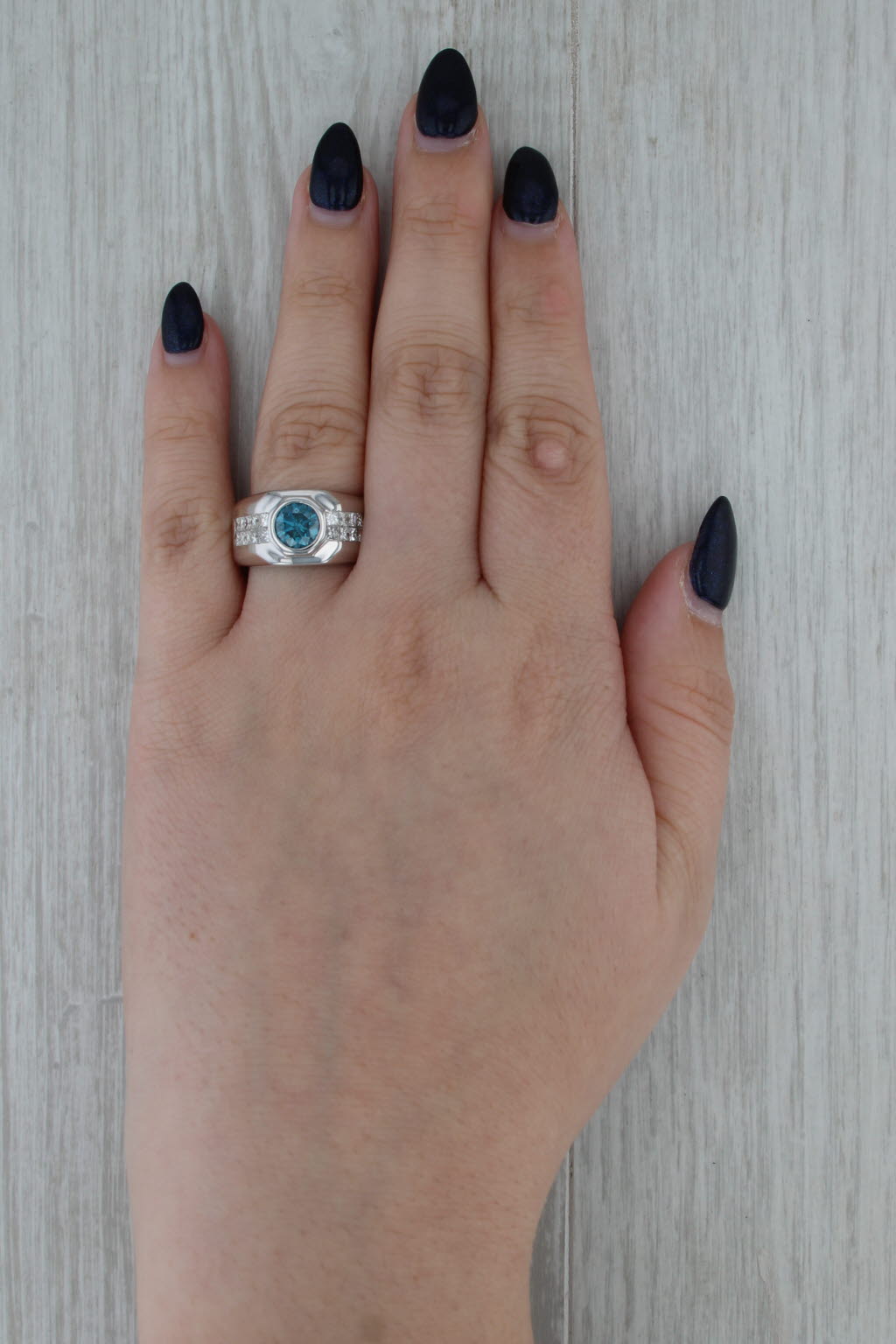 2.30ctw Round Blue White Diamond Ring 14k White Gold Size 8.5