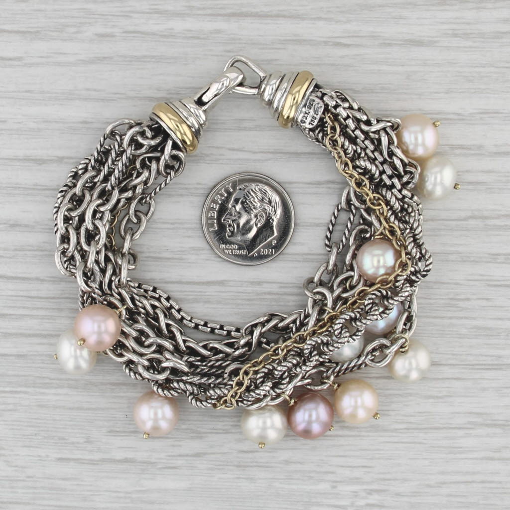 David Yurman Cultured Pearl Multichain Bracelet Sterling Silver 18k Gold 7"