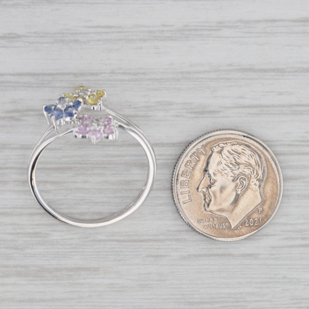 Gray 0.63ctw Blue Pink Yellow Sapphire Flowers Bypass Ring 10k White Gold Size 7.25
