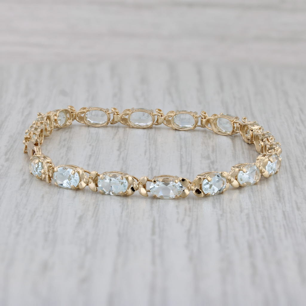 Gray 6.80ctw Oval Aquamarine Floral Tennis Bracelet 14k Yellow Gold 7" 4.2mm