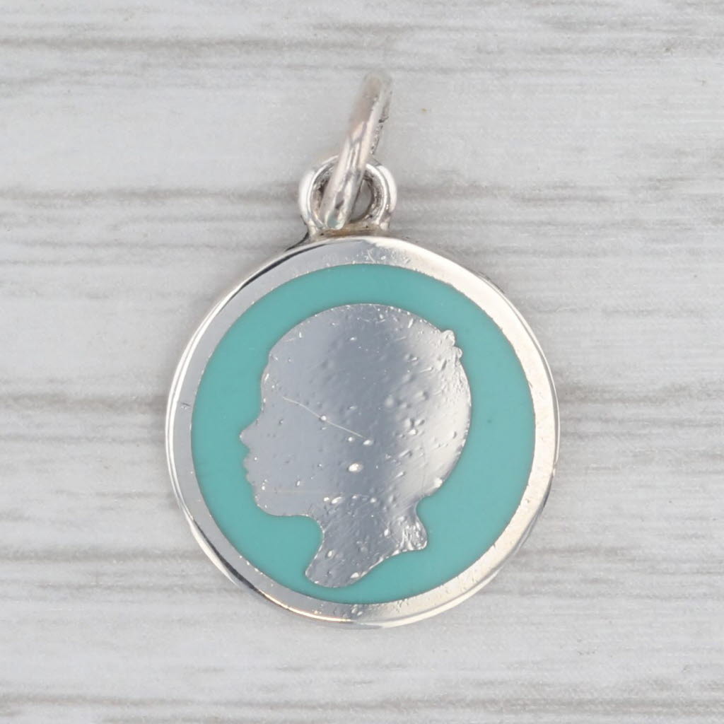 Light Gray Tiffany Retired Boy Silhouette Charm w/ Pouch Sterling Silver Enamel Pendant