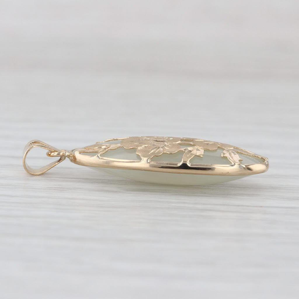 Green Nephrite Jade Flower Pendant 14k Yellow Gold Oval Drop